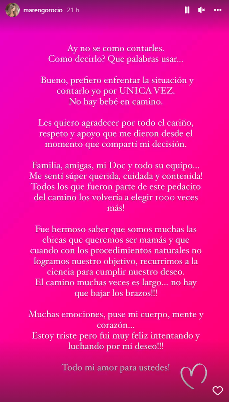Rocío Marengo escribió en sus redes sociales y se lamentó por un revés en su búsqueda para ser mamá