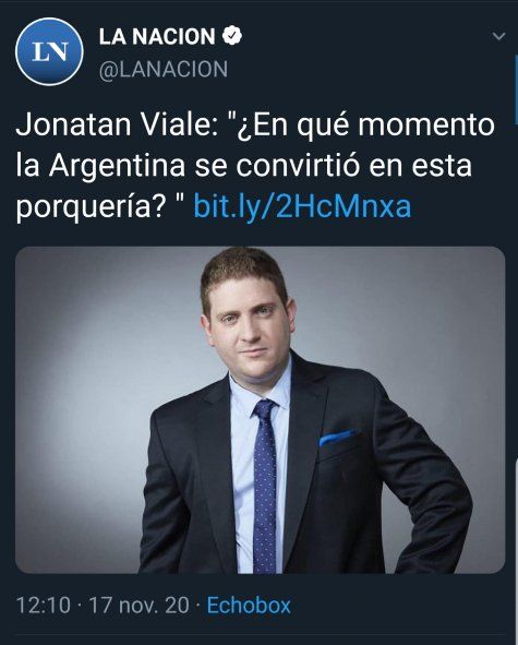 Captura de la edición original de la nota de Jonatan Viale en Twitter