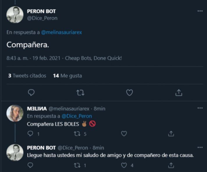 Otro "debate" de hace poco más de un mes entre la cuenta bot de Perón en Twitter y un usuario antiperonista