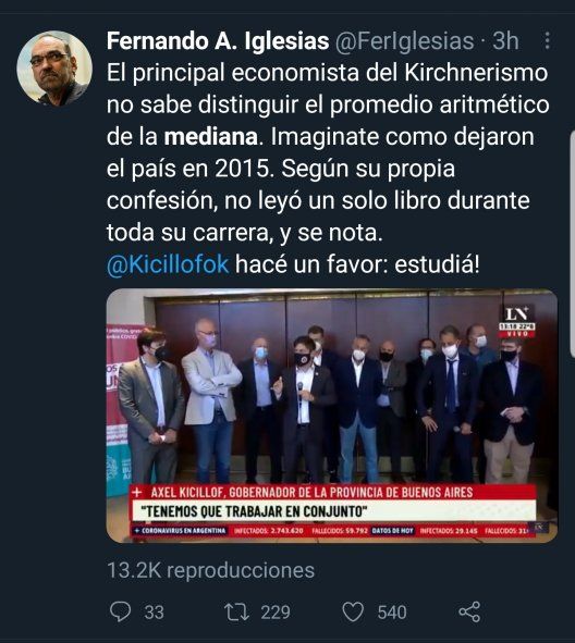 El tweet del diputado Fernando Iglesias en donde hostiga y se burla del Gobernador Kicillof por haber utilizado el término promedio, cuando debió haber usado "mediana"