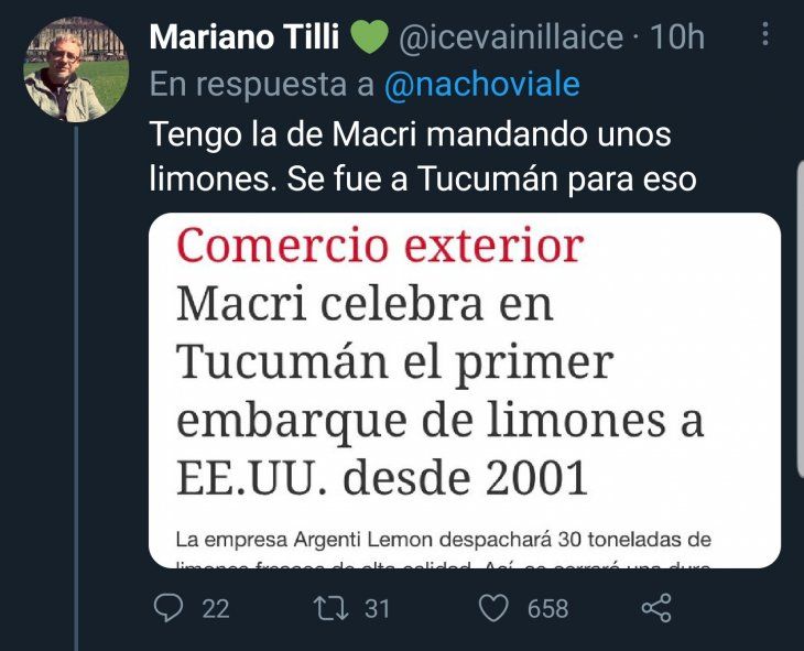 Por su cercanía a Mauricio Macri, en Twitter le recordaron a Nacho Viale cuando el ex Presidente acompañó el envío de limones a los Estados Unidos