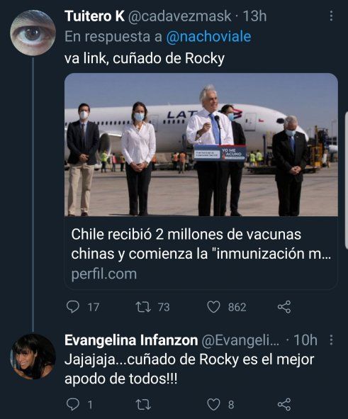 Sebastián Piñera, el Presidente de Chile recibiendo vacunas al igual que Alberto Fernández en el aeropuerto. Fue una de las réplicas a Nacho Viale por su Twitter provocador