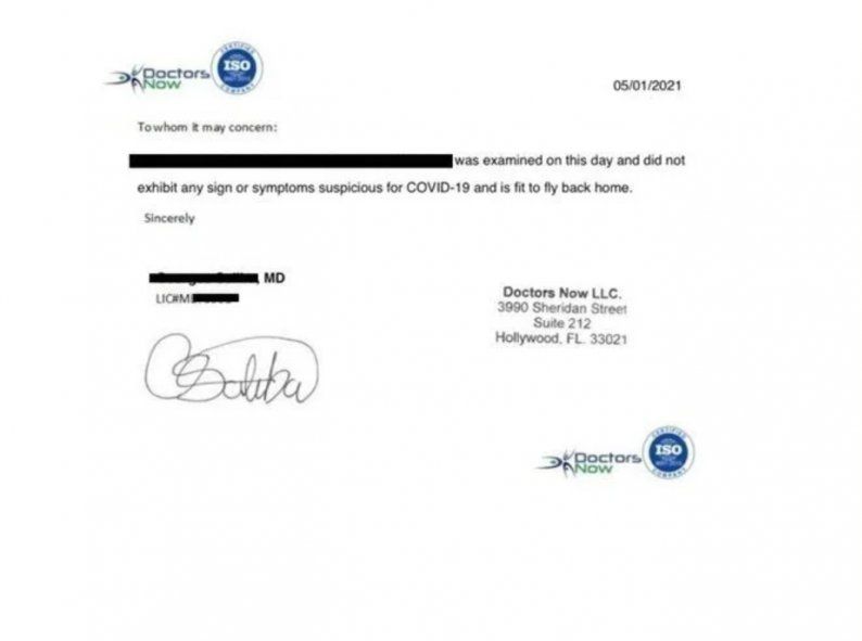 El certificado que no se sabe si es real o apócrifo que presentó para poder volar como si fuera un PCR. El que se jixo dio positivo en la Florida. Fuente : Clarín. 