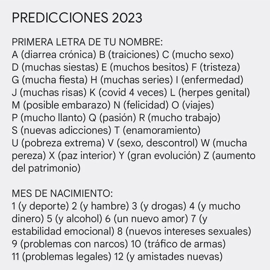 La publicación viral predice qué ocurrirá en 2023 con un tono jocoso