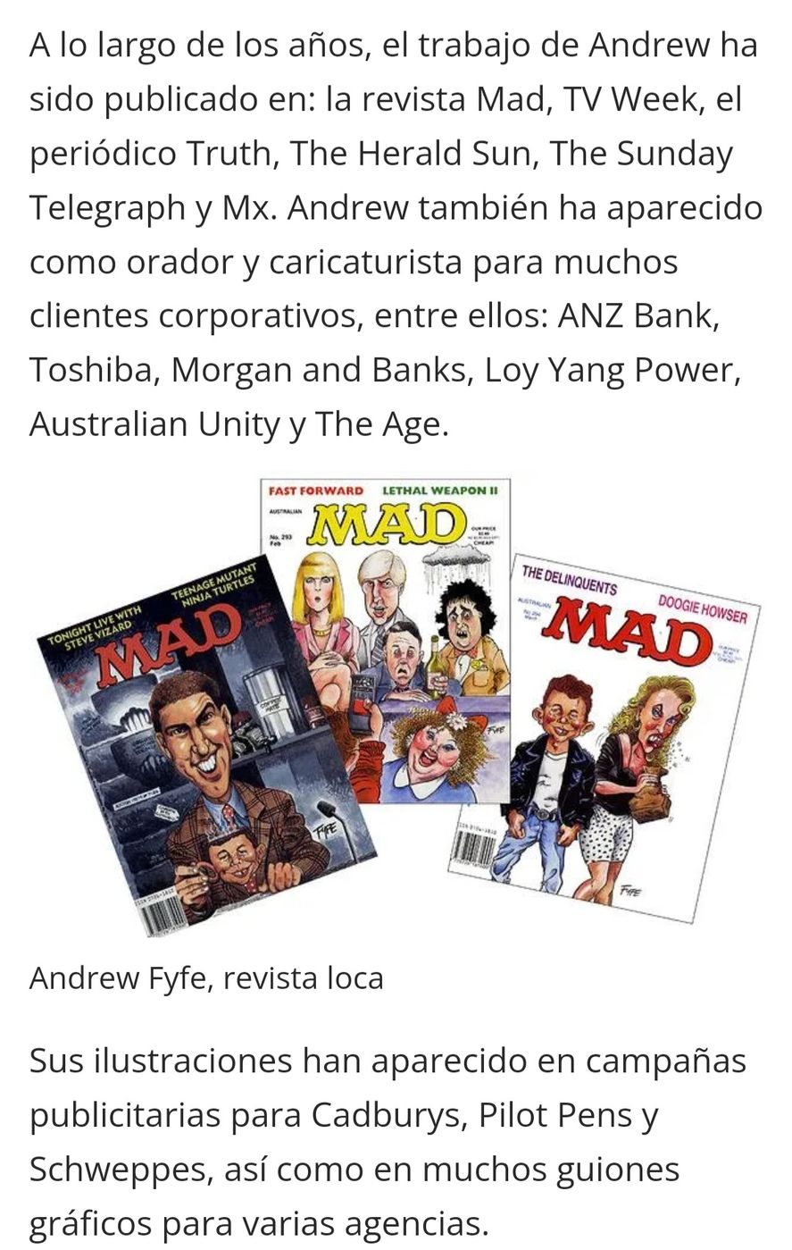 Trabajos de Andrew Fyfe en revistas y tiras cómicas históricas y de fama mundial, entre otras, "Mad"