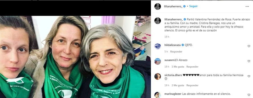 La cantante Liliana Herrero lamentó el fallecimiento de la actriz Valentina Fernández de Rosa