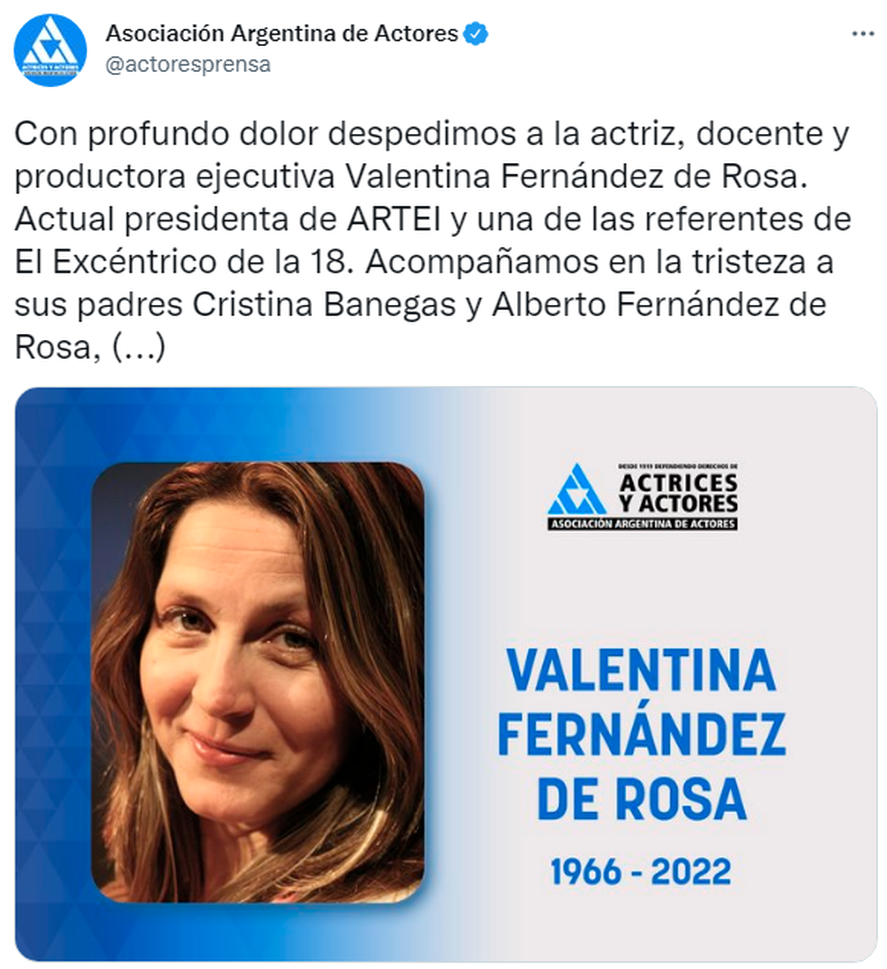 Comunicado de la Asociación Argentina de Actores sobre la muerte de Valentina Fernández de Rosa