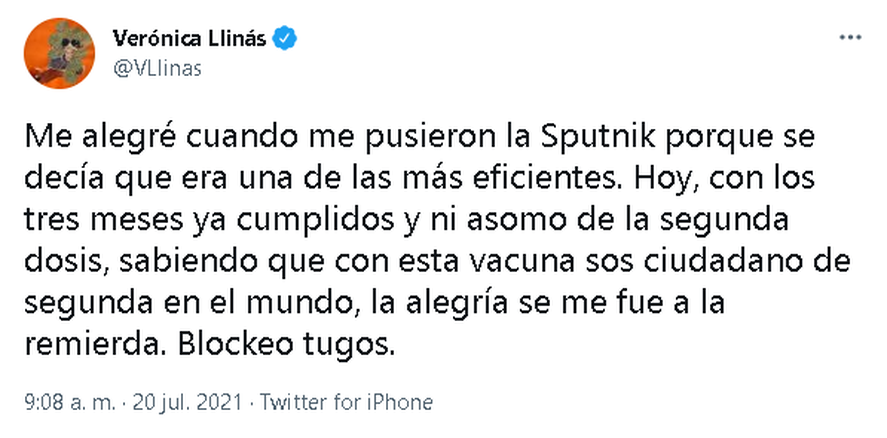 Verónica Llinás criticó la demora de la segunda dosis de la vacuna Sputnik V