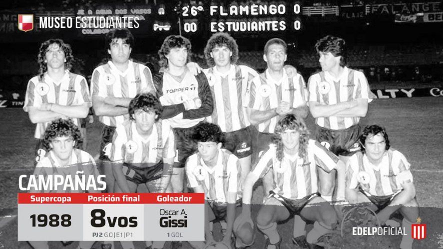 Oscar Gissi, en el once de Estudiantes que jugó la vieja Supercopa Sudamericana en 1988.