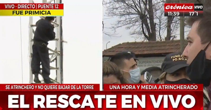 El policía subió a una torre de comunicación en Puente 12, La Matanza