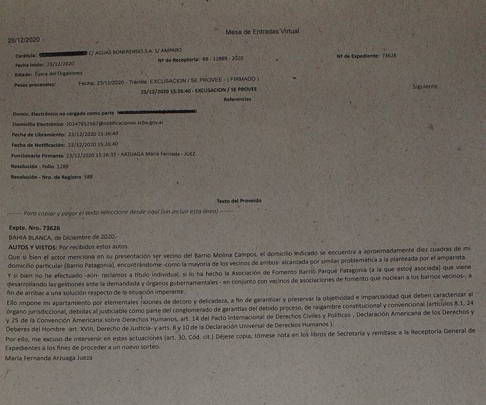 El dictamen de la jueza, donde se excusa de intervenir en un amparo de un vecino de Bahía Blanca contra ABSA.