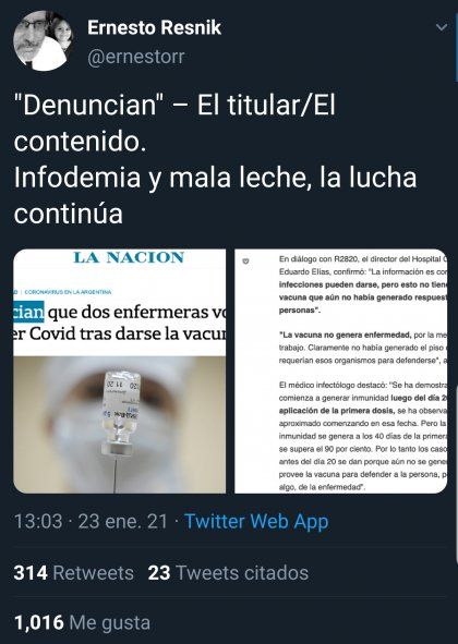 El Tweet del infectólogo argentino Ernesto Resnik, radicado en Estados Unidos que denuncia la, Infodemia de los títulos de los diarios