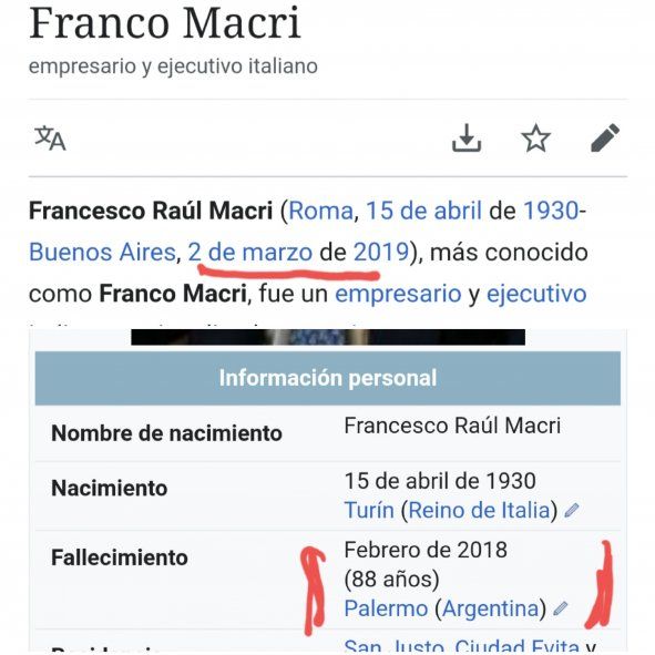 Los dos fragmentos de Wikipedia en los cuales se consignan dos fechas diferentes de la muerte de Franco Macri, que darían a pensar que el verdadero autor del libro de Mauricio Macri obtuvo esa información de la enciclopedia libre de Internet