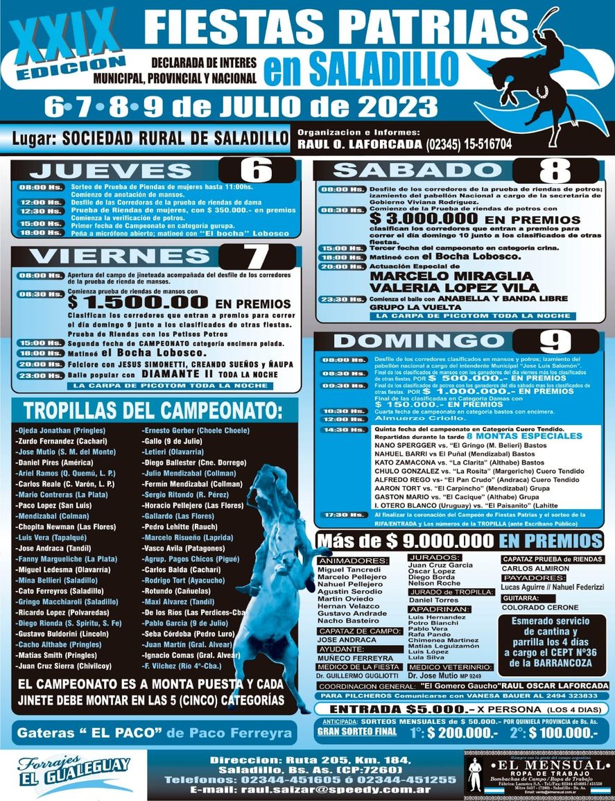 En julio llega la 29º Fiestas Patrias Saladillo con increíbles premios, gastronomía y actividades para toda la familia.