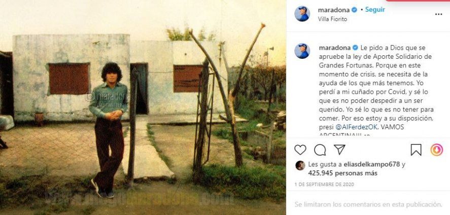 El posteo de Diego ofreciendo a pagar el impuesto a las Grandes Fortunas.