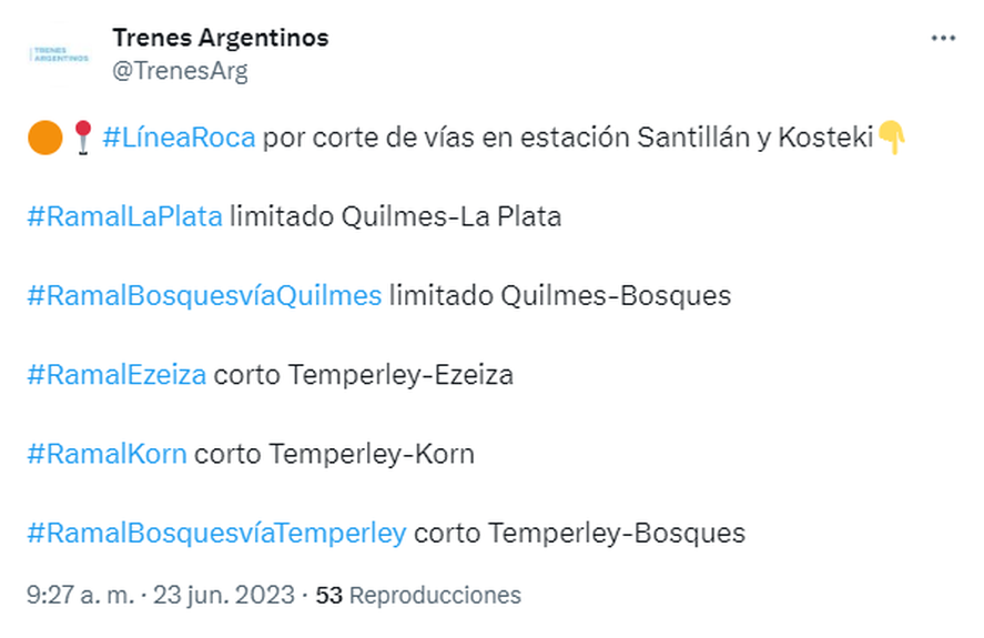 En este viernes 23 de junio, el Tren Roca funciona se encuentra con servicio limitado en muchos de sus ramales.