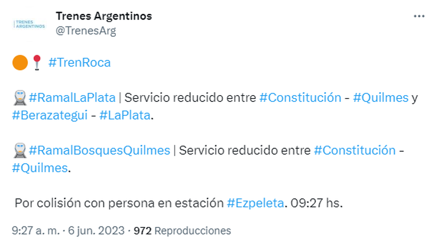 En este martes 6 de junio, el Tren Roca funciona se encuentra con servicio reducido.