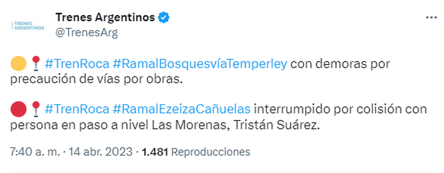 Dos ramales del Tren Roca se encuentran con demoras y cancelaciones en la mañana de este viernes 14 de abril, según informó Trenes Argentinos.