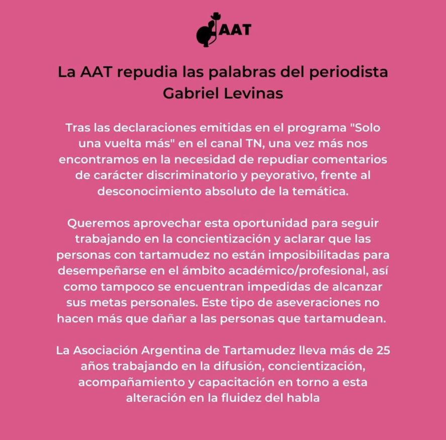 La Asociación Argentina de Tartamudez repudió los dichos del periodista Gabriel Levinas sobre Wado de Pedro y explicó que son