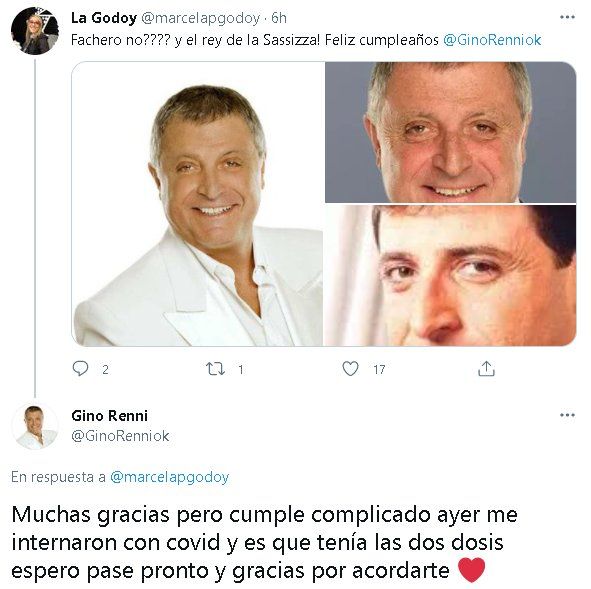 Gino Renni debió ser internado ayer después de contraer coronavirus