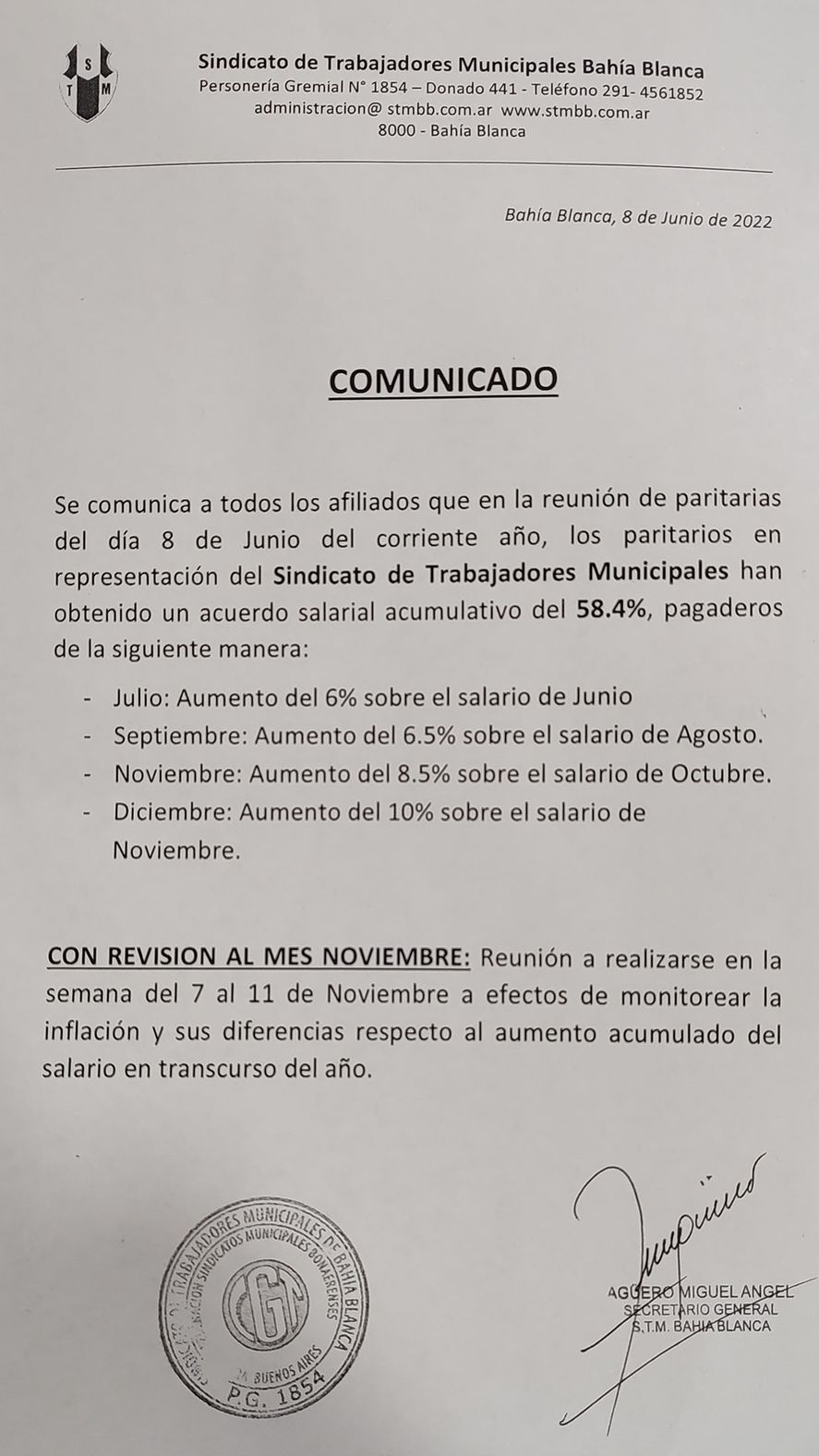 Acuerdo paritario con los municipales de Bahía Blanca, "retocado" por la inflación
