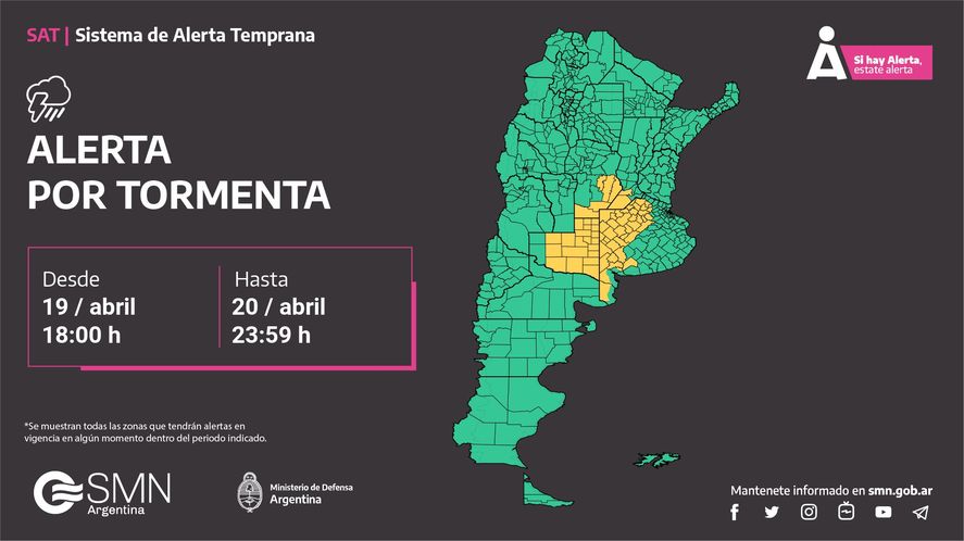 El Servicio Meteorológico Nacional anunció un alerta amarillo por tormentas en parte de la región bonaerense para hoy y toda la jornada de mañana.