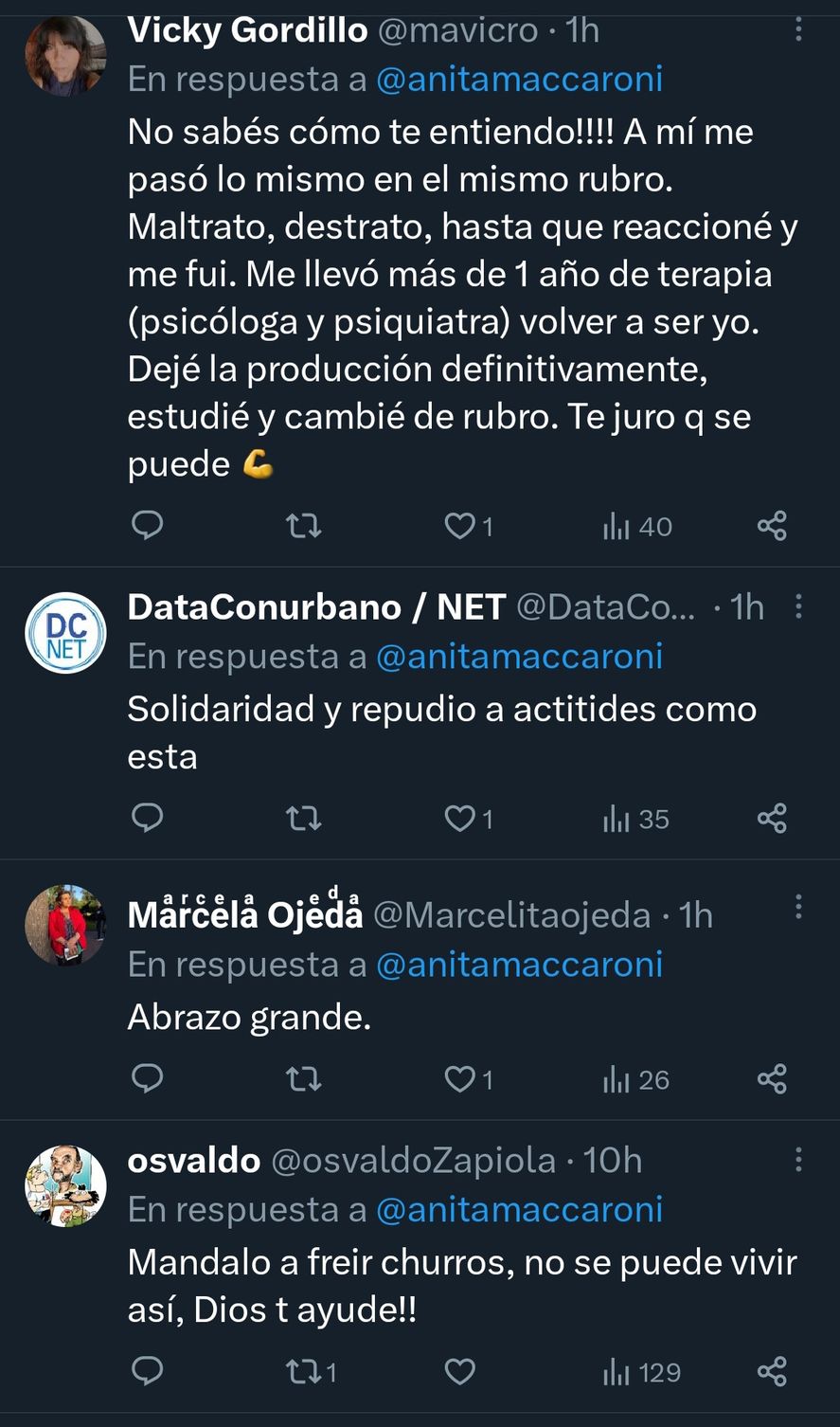 Algunas de las expresiones de apoyo en redes sociales a partir de la denuncia de maltrato laboral que realizó una locutora de Radio 10, hacia el periodista Pablo Duggan 