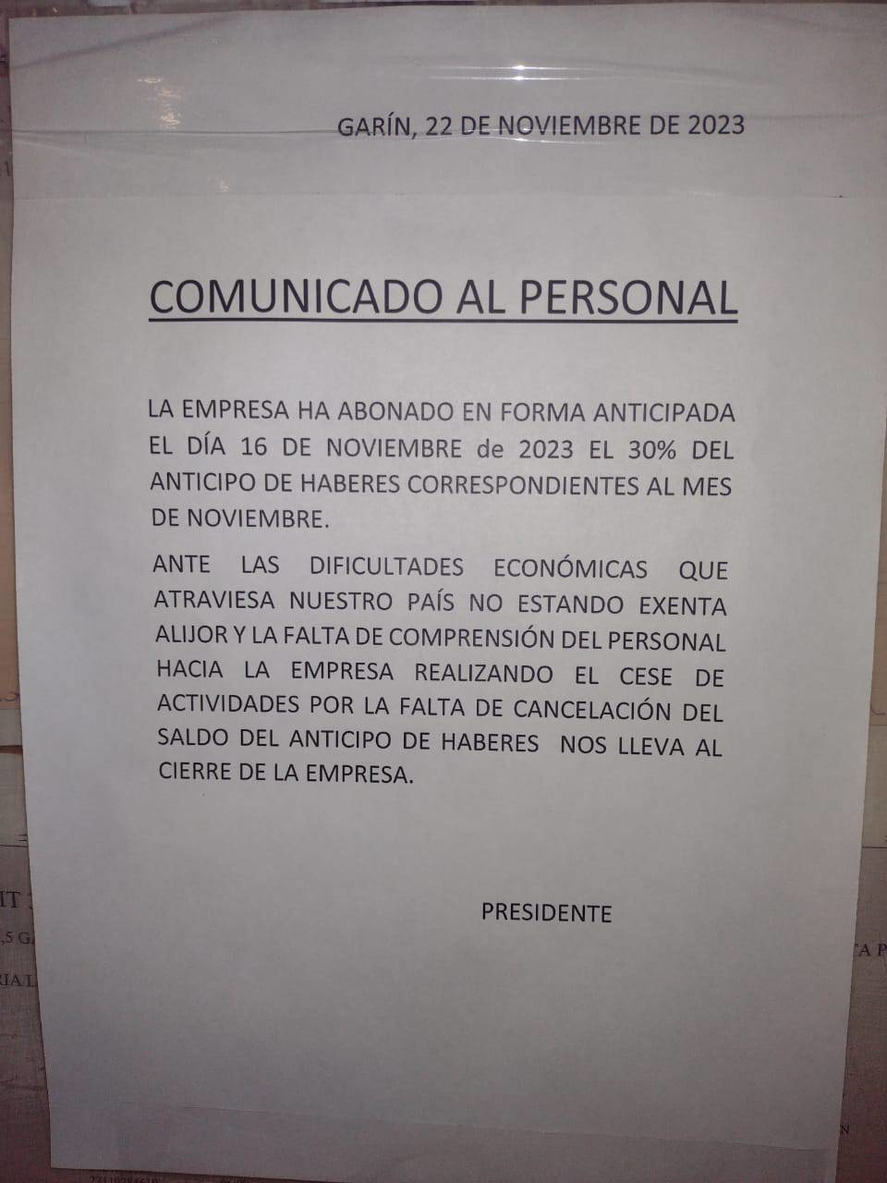 El comunicado del presidente de Alijor para los trabajadores de la empresa, anunciando el cierre.