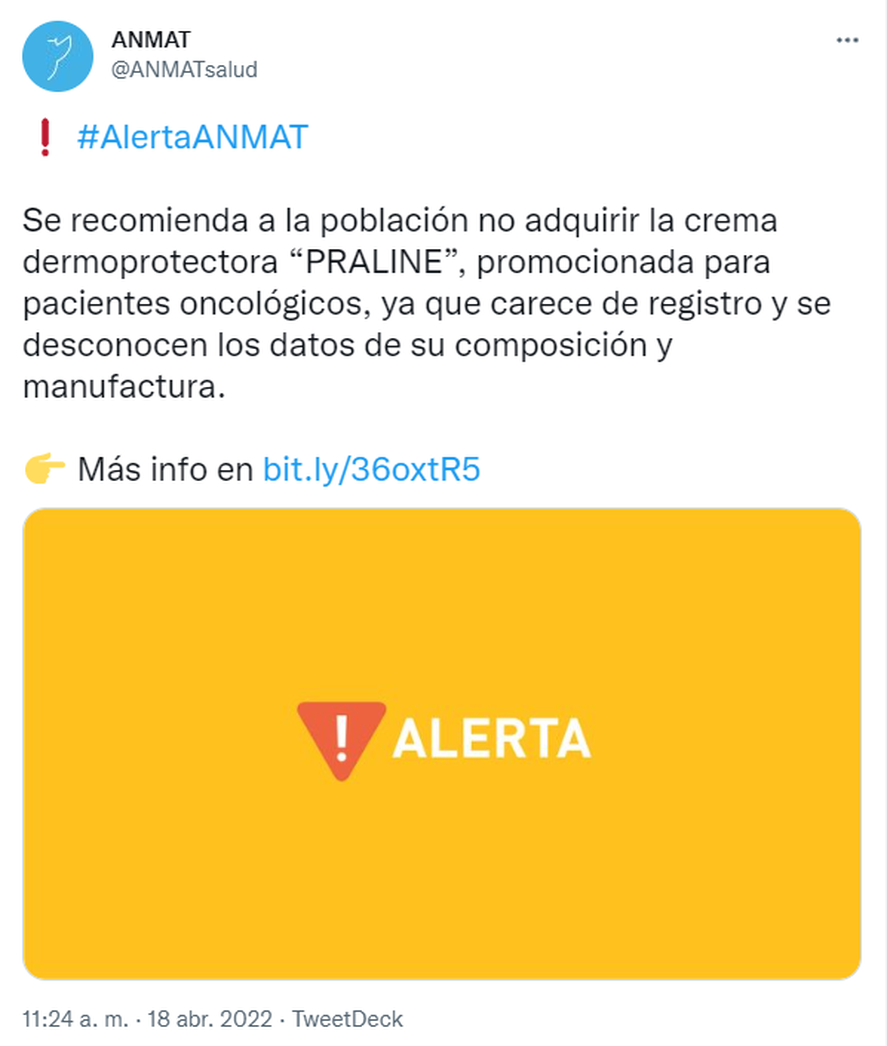Según informó la Anmat, la crema no cuenta con registro sanitario, por lo que recomiendan a la población 