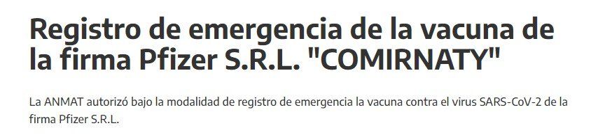Anmat aprobó el uso de emergencia de la vacuna de Pfizer