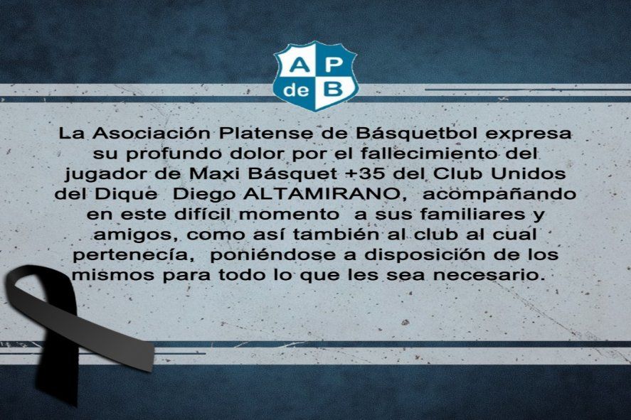 La Asociación Platense de Básquet emitió un comunicado lamentando el fallecimiento del jugador de Unidos del Dique en medio de la ola de calor en La Plata