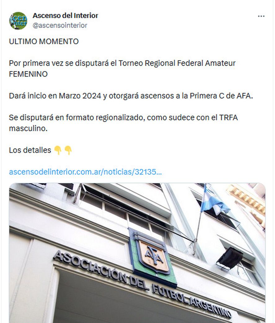 Ascenso del Interior fue el primer medio en informar sobre esta buena noticia para el fútbol femenino de AFA. Ascenso del Interior fue el primer medio en informar sobre esta buena noticia para el fútbol femenino de AFA.