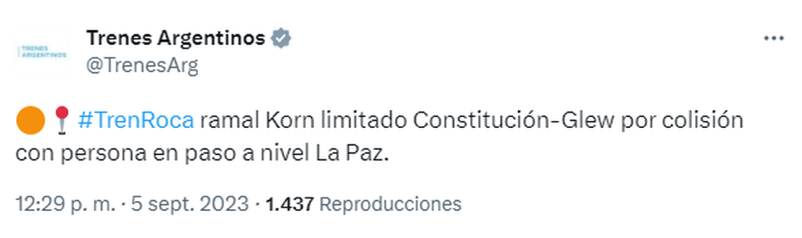 En horas del mediodía de este martes, Trenes Argentinos informó que un ramal del Tren Roca se encuentra reducido.