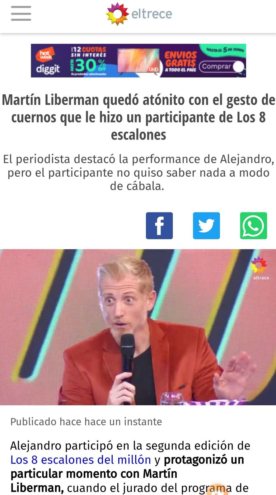 Así presentó la nota el sitio web de Artear y Canal 13 sobre el participante del programa de Guido Kaczka que, según el propio Grupo Clarín, le habría hecho cuernitos a Martín Liberman