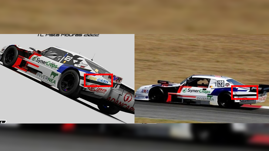 A la izquierda, el auto de Nicanor Santilli Pazos que se anunció en la previa del comienzo de la temporada de TC Pista. A la derecha, el que finalmente terminó por salir a pista, sin la publicidad de Zoe Cash.