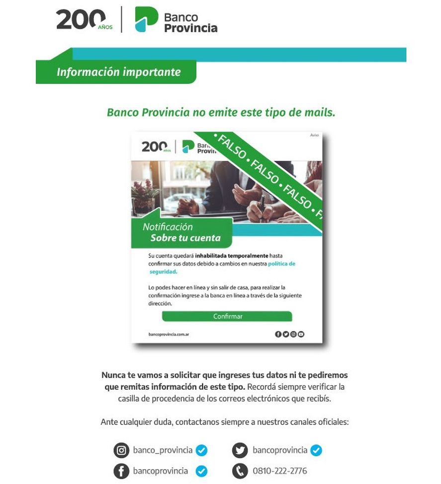 Banco Provincia envió un correo aclarando que lo que circulaba era un mensaje falso.