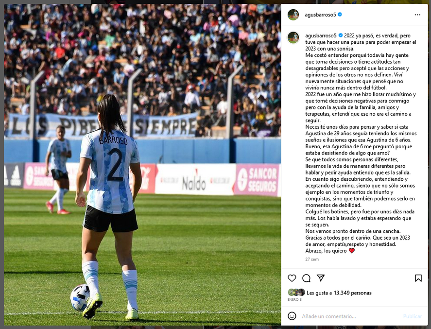 El posteo de Agustina Barroso en Instagram en enero, en el que habló de un momento personal complicado y pareció dar a entender que no seguiría en la Selección Argentina.