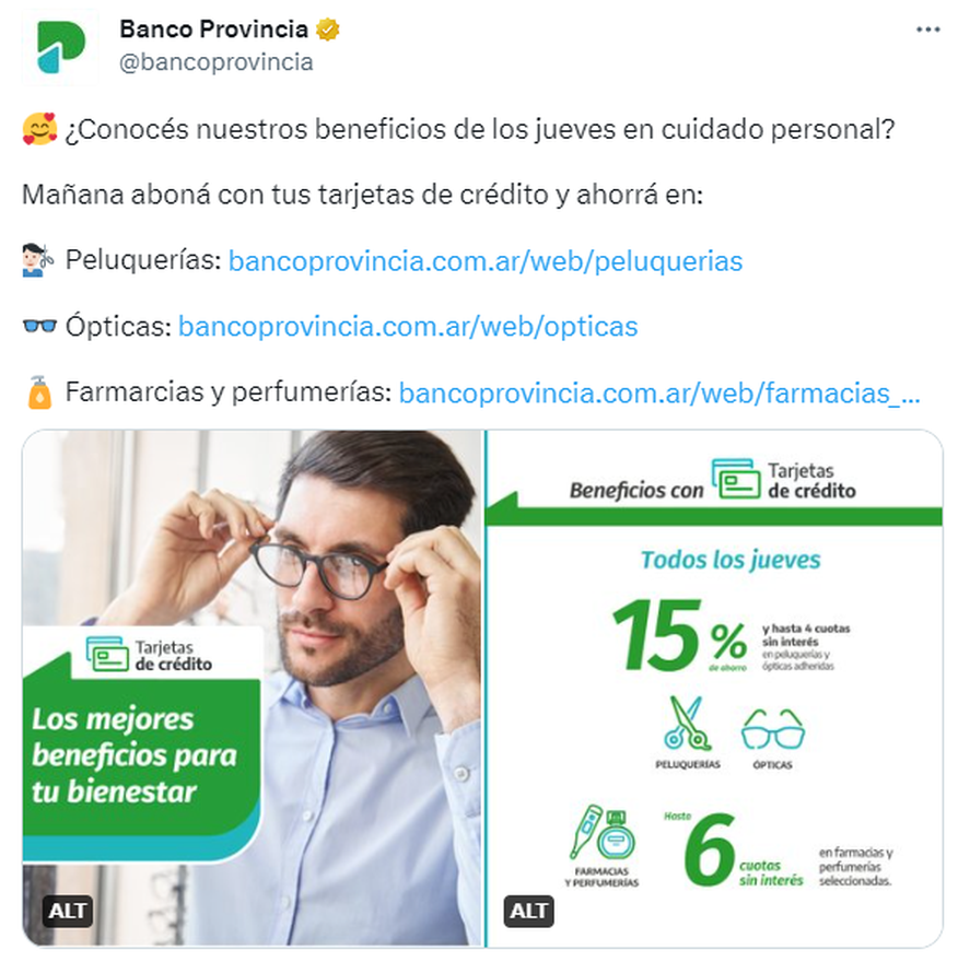 Cada jueves el Banco Provincia ofrece descuentos con tarjetas de crédito para que sus clientes compren en farmacias, peluquerías y ópticas. Los detalles.