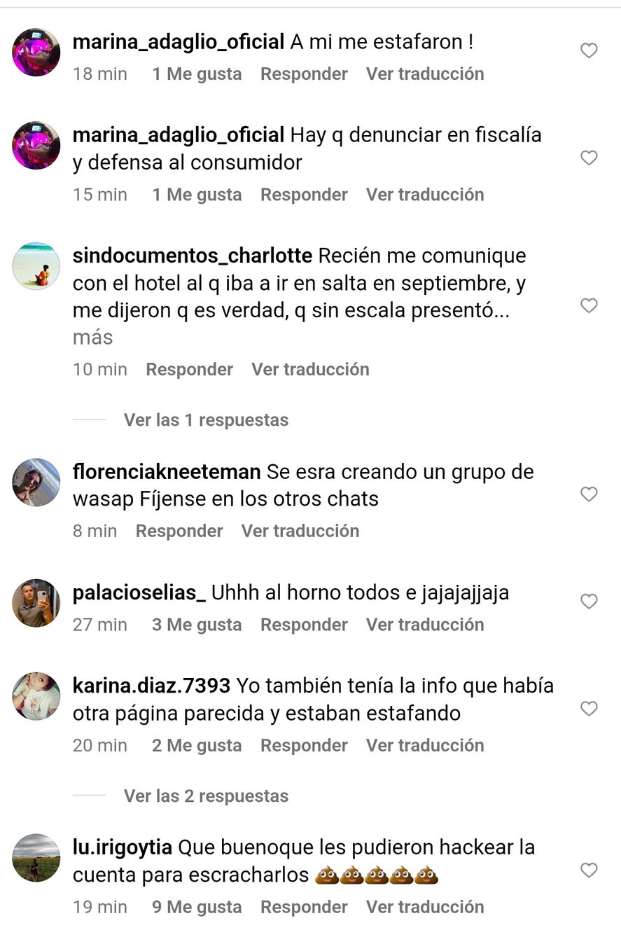 Capturas de pantalla de la supuesta estafa de una agencia de turismo radicada en Dolores 