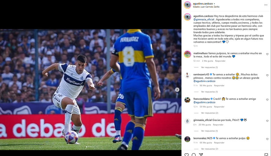 La despedida de Agustín Cardozo y las respuestas de sus compañeros en Gimnasia.