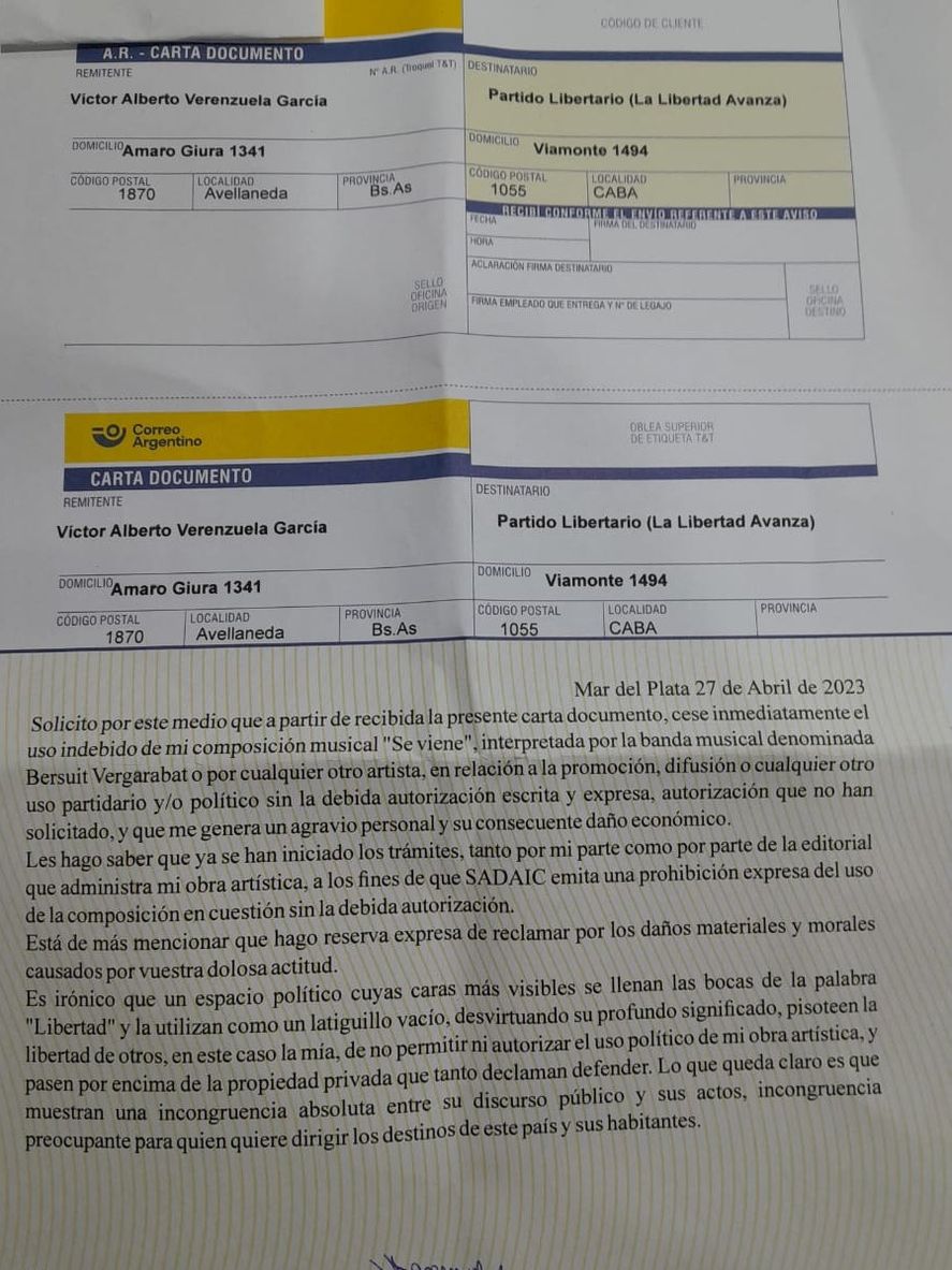 La carta documento que La Bersuit le envió a Javier Milei