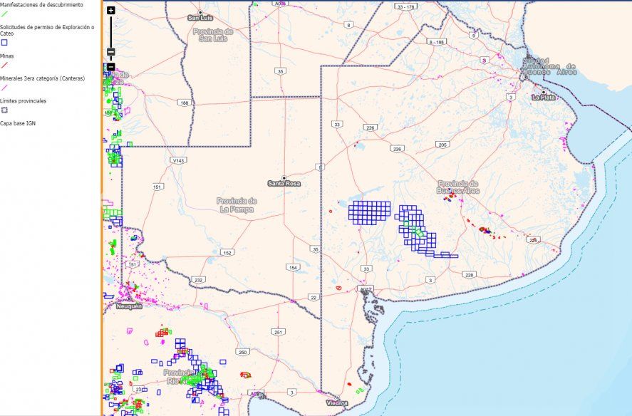 Mapa de las explotaciones mineras de la provincia de Buenos Aires elaborado por el Servicio Geológico Minero Argentino (SEGEMAR).
