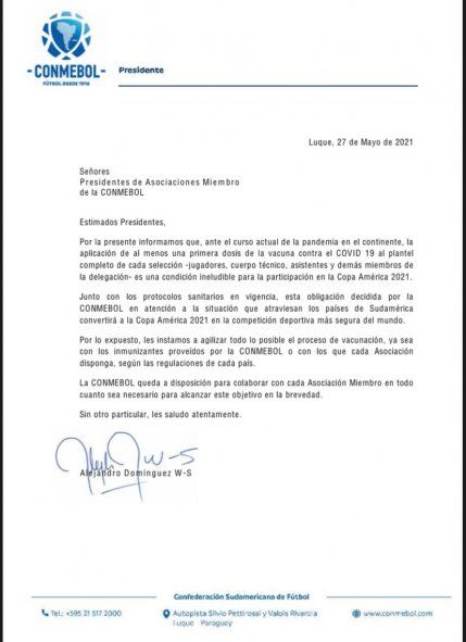 El comunicado de Conmebol: Protocolos, vacunas y una apuesta fuerte para la Argentina en esta Copa América.
