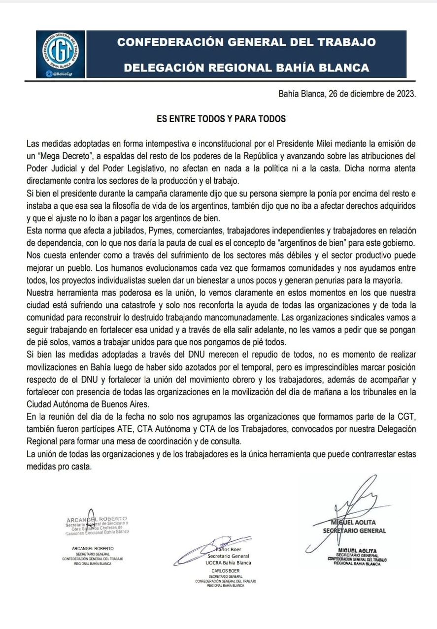 El comunicado de la CGT de Bahía Blanca