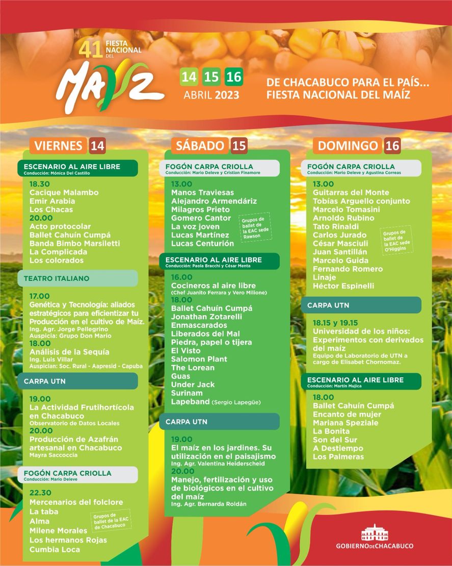En abril se llevará a cabo la 41° Fiesta Nacional del Maíz en la ciudad de Chacabuco. Esta celebración contará con la presentación especial de Los Palmeras. 