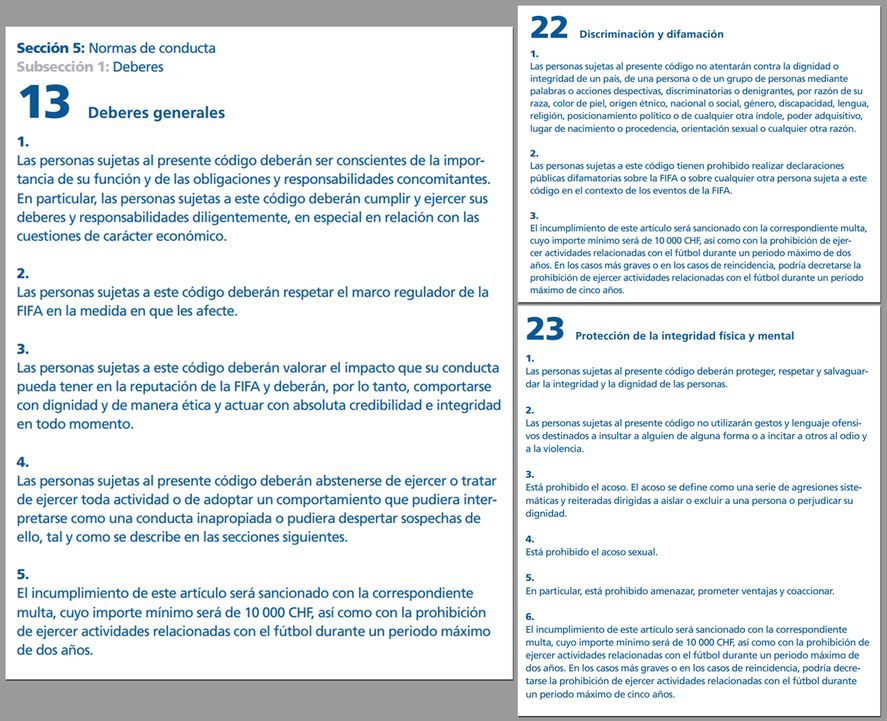 Los artículos del Código de Ética de FIFA que se acusó a Diego Guacci de violar por su comportamiento en el fútbol femenino de AFA.