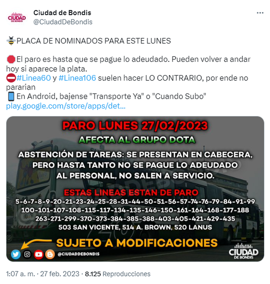 El paro comenzó a las 00:00 de este lunes y afecta a más de 50 líneas de colectivos. El motivo es la falta de pagos a los choferes.
