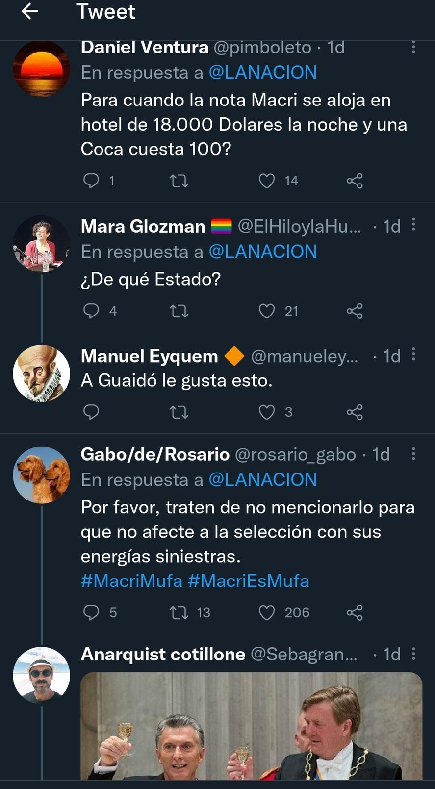 Comentarios en redes sociales debajo de la nota del diario La Nación acerca de Mauricio Macri presentándose en el Mundial de Qatar 2022 como si fuera un jefe de Estado