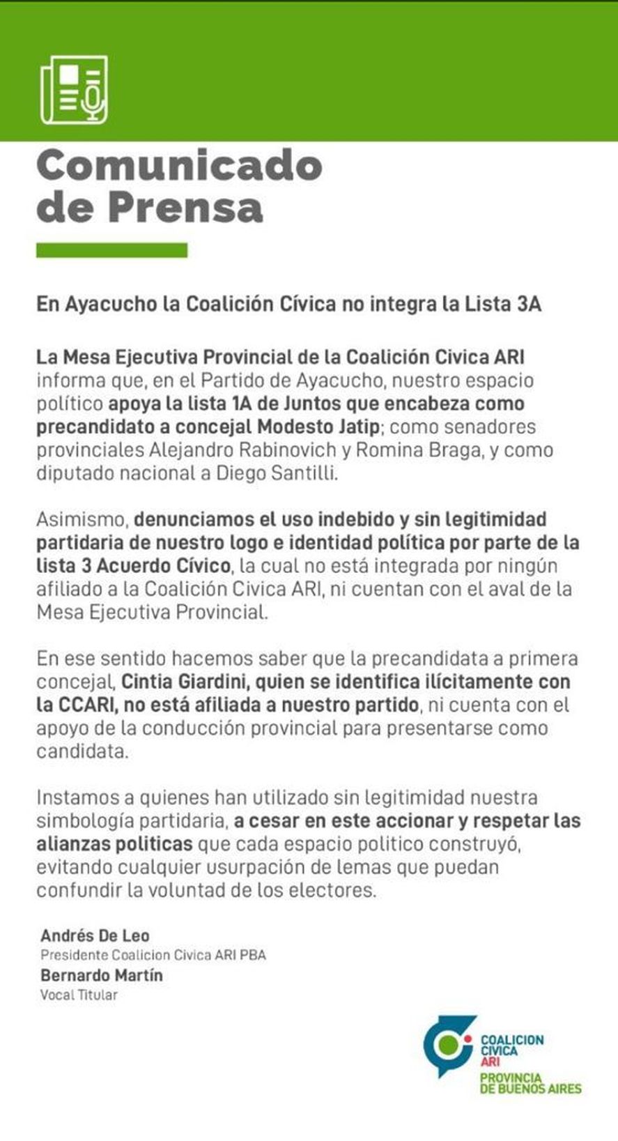 El comunicado de la Coalición Cívica ARI donde denuncian la usurpación del lema.