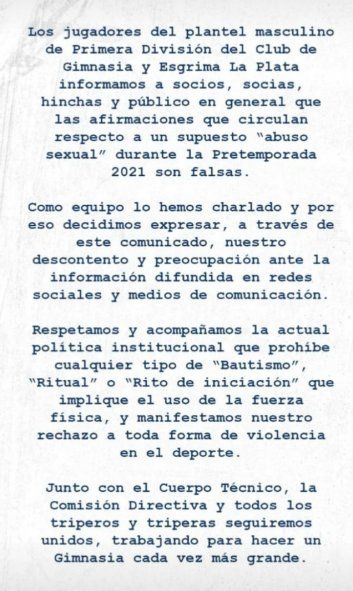 Comunicado de los futbolistas de Gimnasia sobre abusos